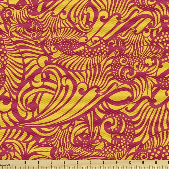 Ambesonne Oriental Fabric by the Yard Upholstery, Swirly Abstract Paisley, 2 Yards, Magenta Orange