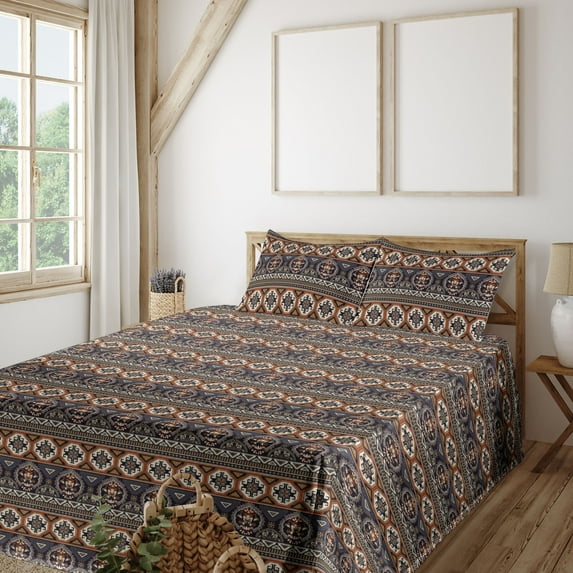Ambesonne Oriental Fitted & Flat Sheet with Shams 4 Pcs Set, Eastern Motifs Geometric, Calking, Cinnamon Dark Sky Blue