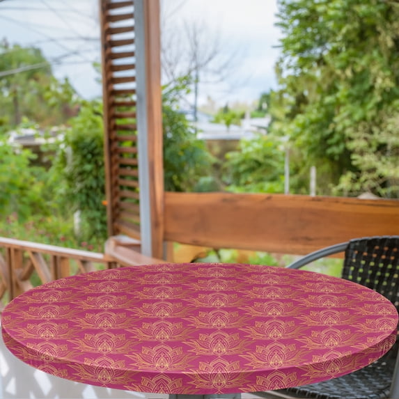 Ambesonne Oriental Fitted Round Tablecloth, Peaceful Lotus Art, 45"- 56" Diameter, Magenta Sand Brown