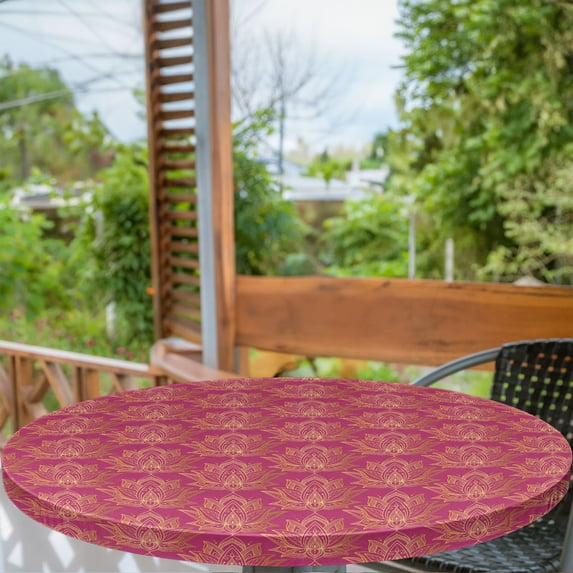 Ambesonne Oriental Fitted Round Tablecloth, Peaceful Lotus Art, 56"- 60" Diameter, Magenta Sand Brown