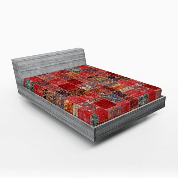 Ambesonne Oriental Fitted Sheet, Ethnic Ornamental Squares, Queen Size, Dark Coral Multicolor