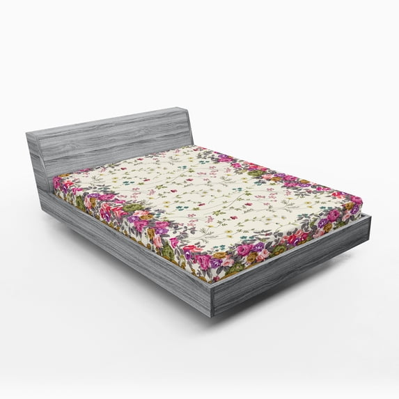 Ambesonne Oriental Fitted Sheet, Spring Love Colorful Roses, Queen Size, Cream and Multicolor