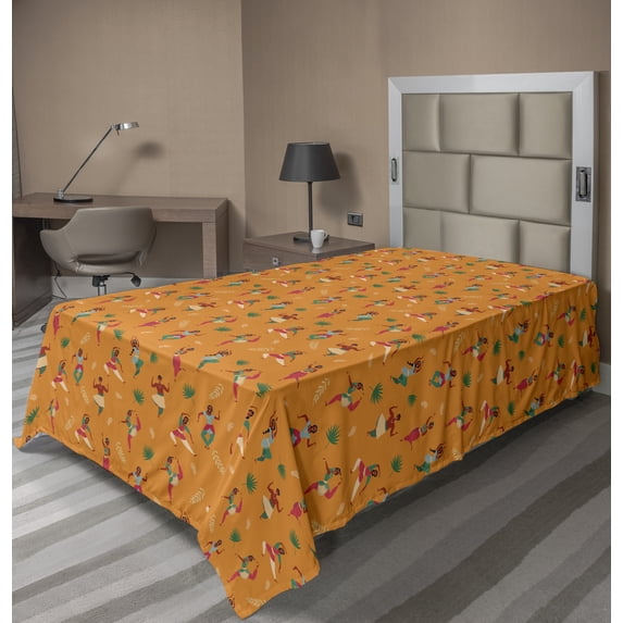 Ambesonne Oriental Flat Sheet, Aloha Dancers and Palm, Twin Size, Orange Dark Pink