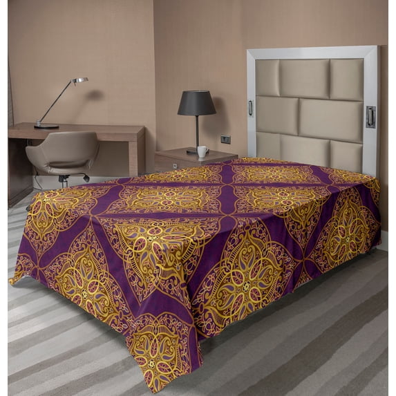 Ambesonne Oriental Flat Sheet, Arabian Lacy Like Motif, TwinXL Size, Purple and Dark Yellow
