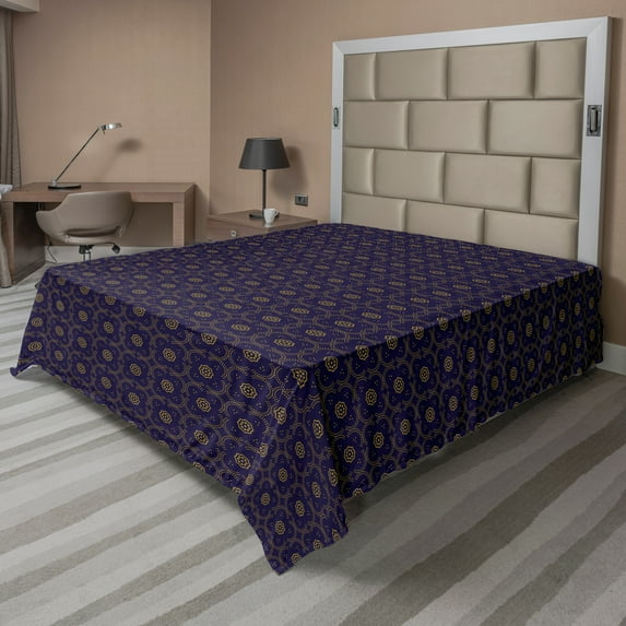 Ambesonne Oriental Flat Sheet, Arching Dots Floral Motifs, King Size, Dark Indigo Dark Khaki