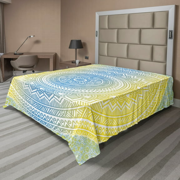Ambesonne Oriental Flat Sheet, Blue Ombre Mandala, California King, Blue Yellow