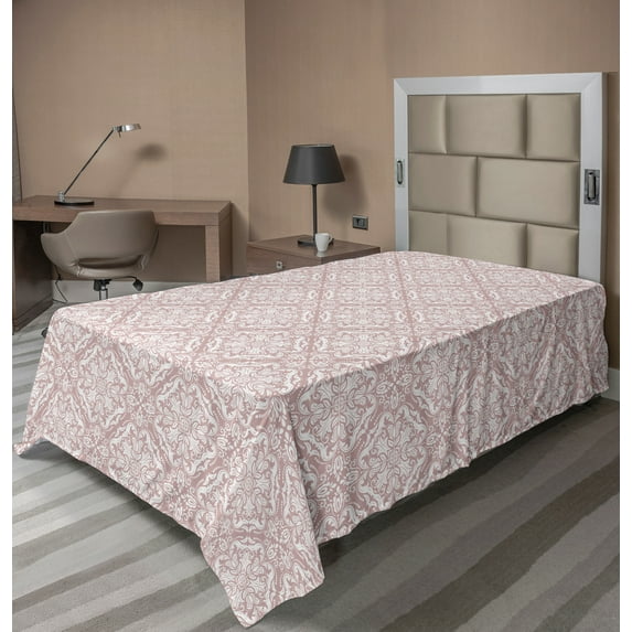 Ambesonne Oriental Flat Sheet, Bohemian Lacy Damask Art, TwinXL Size, Pale Salmon and White