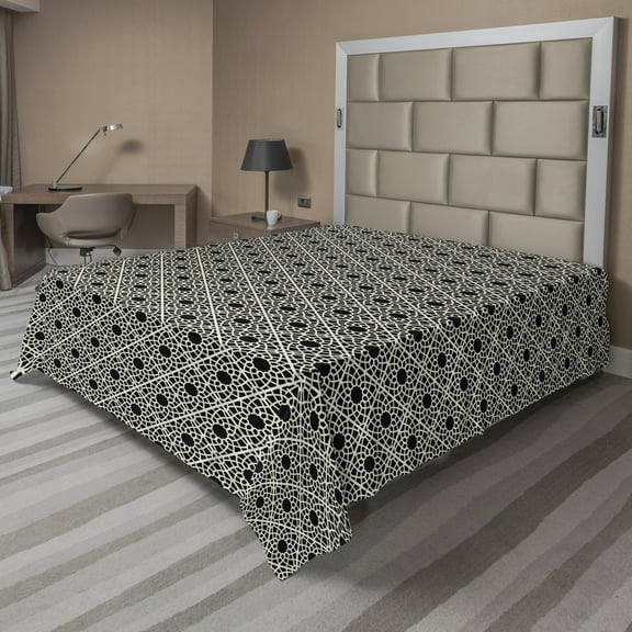 Ambesonne Oriental Flat Sheet, Far Eastern Lattice, King Size, Black and Eggshell