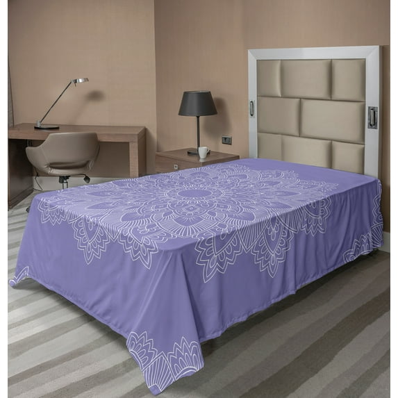Ambesonne Oriental Flat Sheet, Floral Mandala Drawing, TwinXL Size, Lavender Blue White