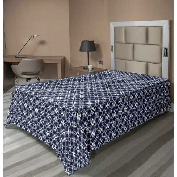 Ambesonne Oriental Flat Sheet, Folkloric Spanish Talavera, Twin Size, Night Blue and White
