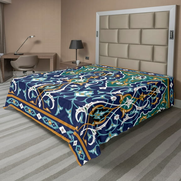 Ambesonne Oriental Flat Sheet, Hippie Tribals, California King, Blue Mustard