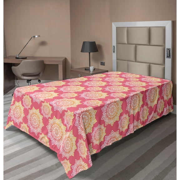 Ambesonne Oriental Flat Sheet, Mandala, Twin Size, Pastel Pink Marigold