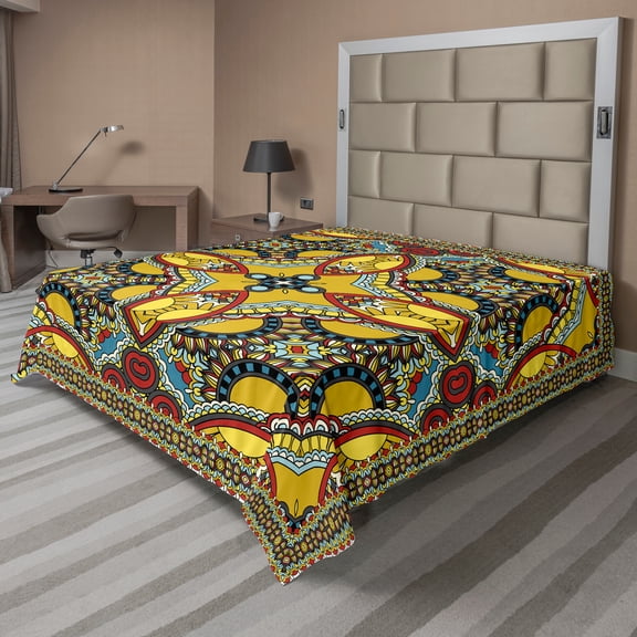 Ambesonne Oriental Flat Sheet, Colorful Boho Ornamental, Full Size, Multicolor