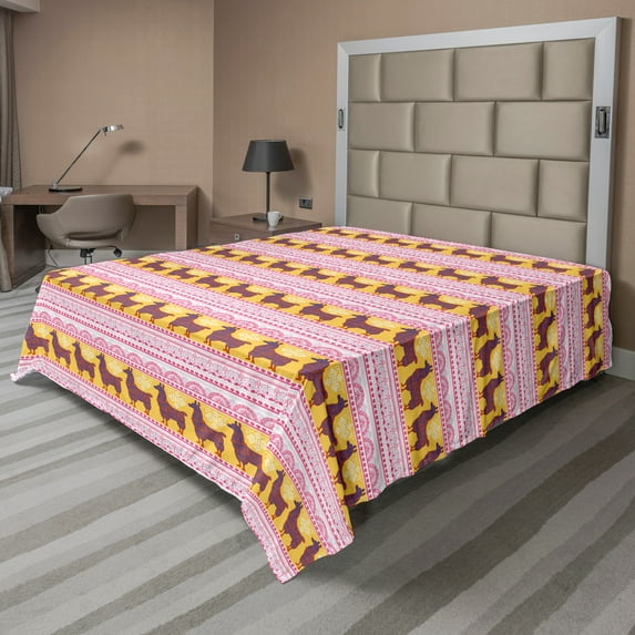 Ambesonne Oriental Flat Sheet, Ornamental Alpaca or Llama, Queen Size, Mustard Burnt Orange