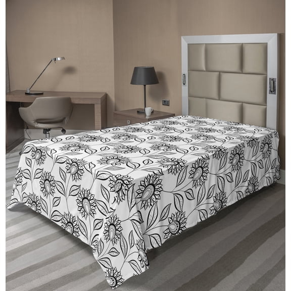 Ambesonne Oriental Flat Sheet, Outline Flowers Art, Twin Size, Charcoal Grey White