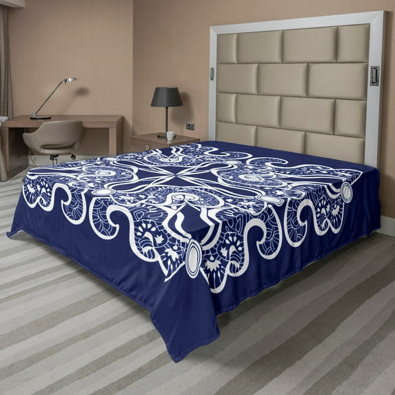 Ambesonne Oriental Flat Sheet, Persian Floral Motif Art, King Size, Indigo and White