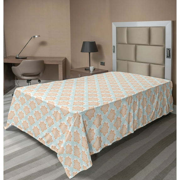 Ambesonne Oriental Flat Sheet, Snowflake Like Mandala, TwinXL Size, Apricot and Dark Seafoam