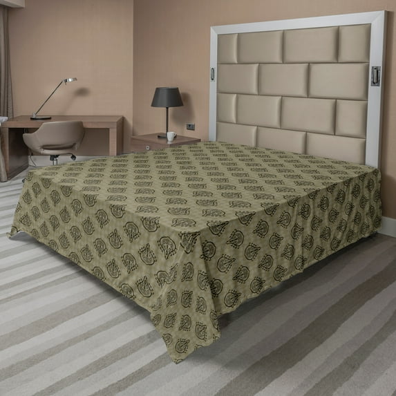 Ambesonne Oriental Flat Sheet, Traditional Antique Art, Queen Size, Green Dark Tan