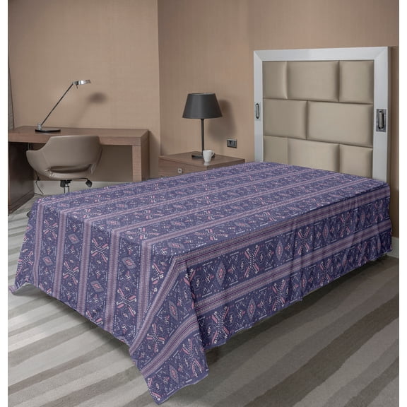 Ambesonne Oriental Flat Sheet, Traditional Eastern Motifs, TwinXL Size, Dark Indigo Mauve