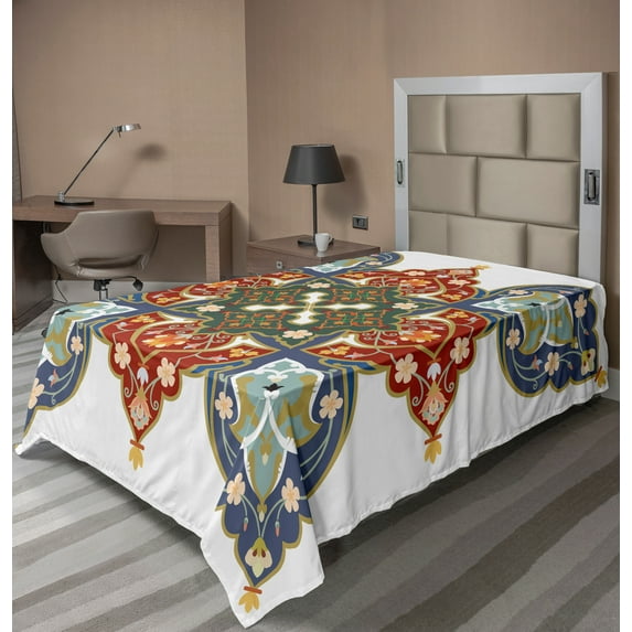 Ambesonne Oriental Flat Sheet, Turkish Ottoman, TwinXL Size, Cadet Blue Turquoise