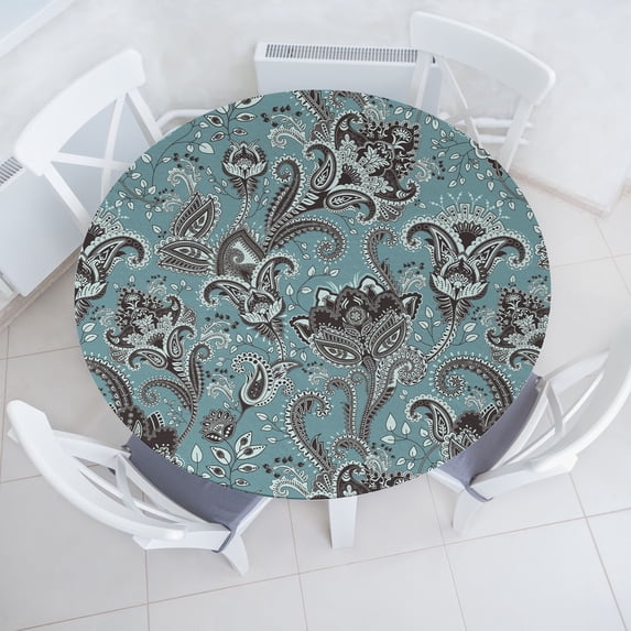Ambesonne Oriental Floral Fitted Round Tablecloth, Boho Bloom Paisley, 56"- 60" Diameter, Cadet Blue Dark Cocoa