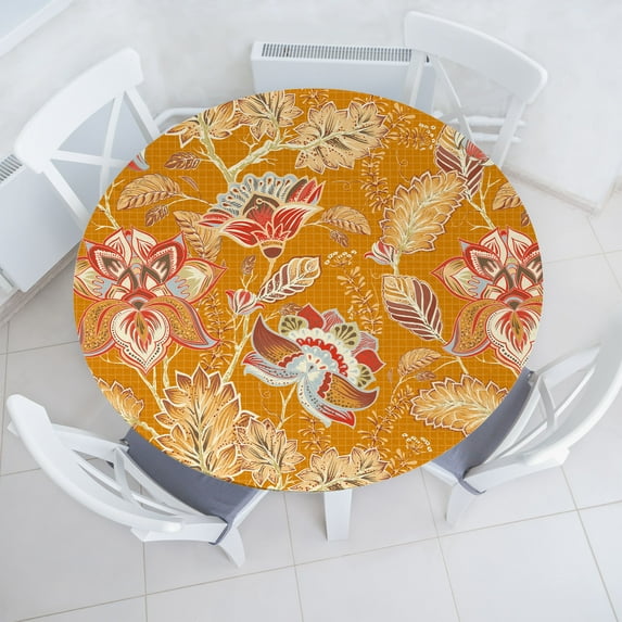 Ambesonne Oriental Floral Fitted Round Tablecloth, Contemporary Flower, 40"- 44" Diameter, Marigold Dark Pink
