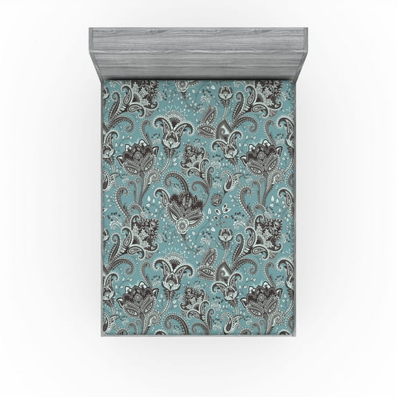 Ambesonne Oriental Floral Fitted Sheet, Boho Bloom Paisley, Queen Size, Cadet Blue Dark Cocoa