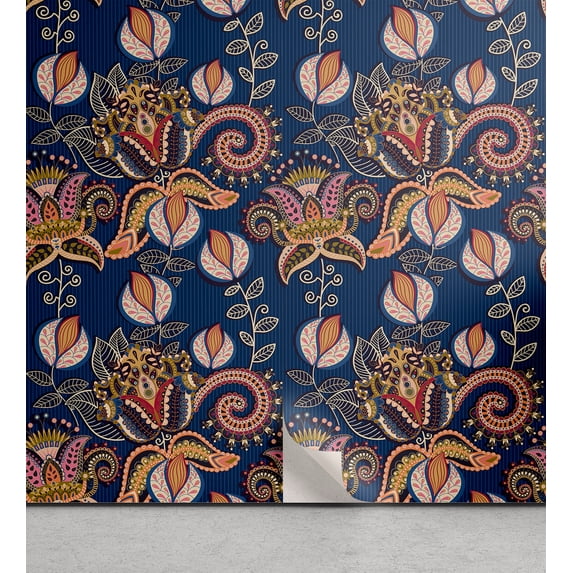 Ambesonne Oriental Floral Peel & Stick Wallpaper for Home, Eastern Themed Boho, 13"x72", Dark Lavender Salmon and Pink