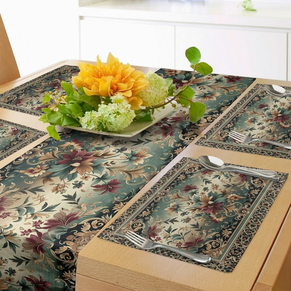 Ambesonne Oriental Floral Table Runner & Placemats, Art Ethnic Flowers, Placemat 4 pcs + Runner 12"x72", Reseda Green Ruby Tan