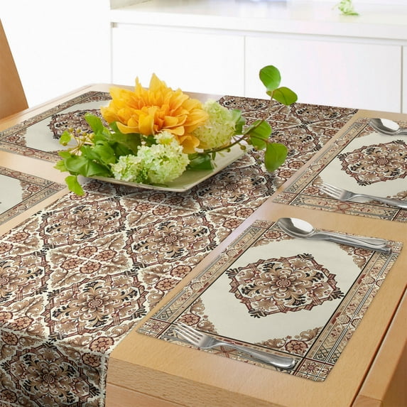 Ambesonne Oriental Floral Table Runner & Placemats, Earth Tone Flowers, Placemat 4 pcs + Runner 16"x90", Sand Brown Caramel Ivory