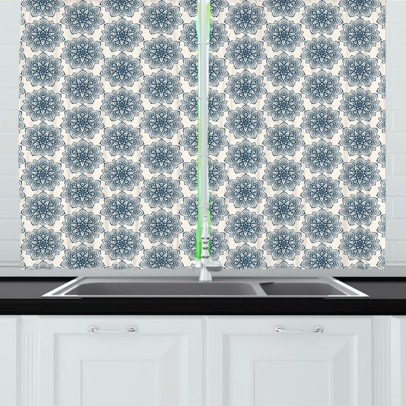 Ambesonne Oriental Kitchen Curtains, Continuity of Universe Art, 55"x45", White and Dark Night Blue