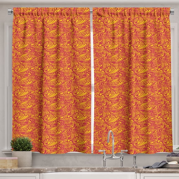 Ambesonne Oriental Kitchen Curtains, Swirly Abstract Paisley, 55"x45", Magenta Orange