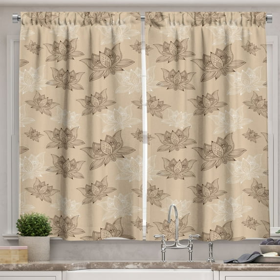 Ambesonne Oriental Kitchen Curtains, Zentangle Lotus Boho Art, 55"x45", Ecru Dark Brown White