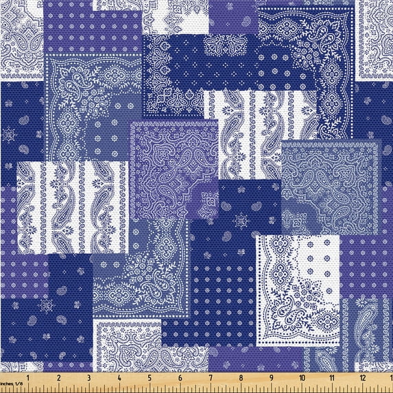Ambesonne Oriental Pattern Fabric by the Yard Upholstery, Paisley Geometric, 3 Yards, Dark Lavender White