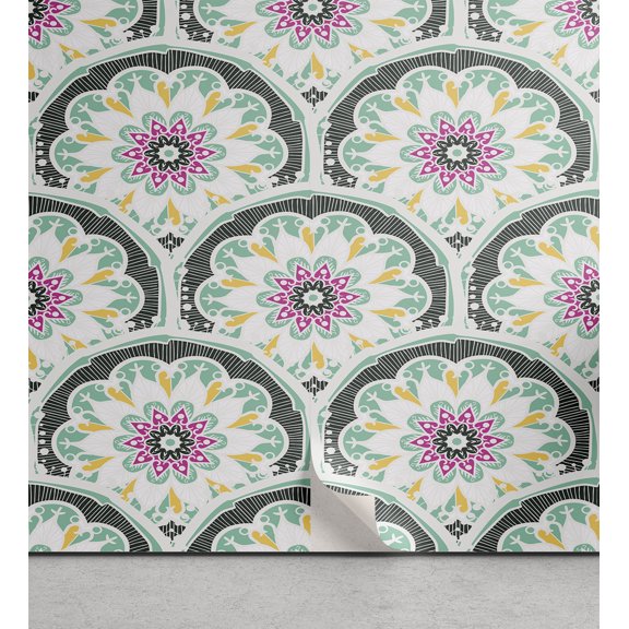 Ambesonne Oriental Peel & Stick Wallpaper for Home, Ottoman Floral Pattern, 13"x36", Sea Green and Hot Pink