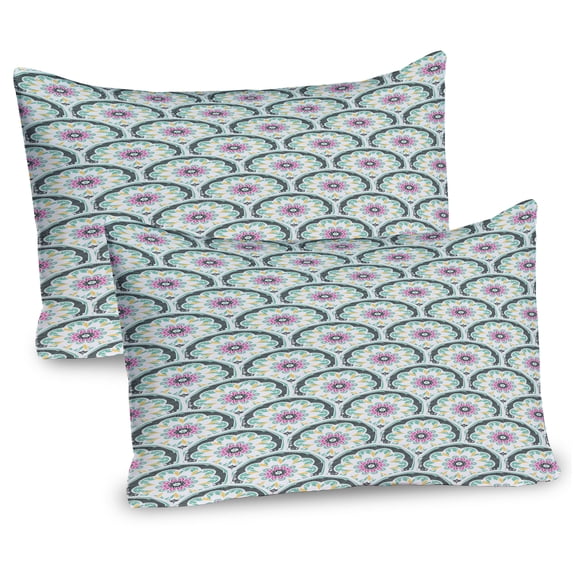 Ambesonne Oriental Pillow Sham 2 Pack, Ottoman Floral Pattern, 36"x20", Sea Green and Hot Pink