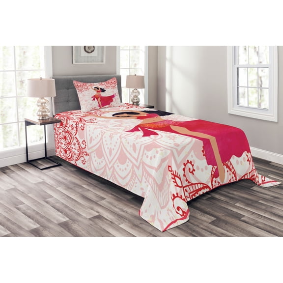 Ambesonne Oriental Quilted Bedspread Set 2 Pcs, Belly Dancer Woman, Twin Size, Pink Vermilion