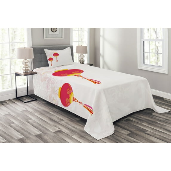 Ambesonne Oriental Quilted Bedspread Set 2 Pcs, Folkloric China New Year, Twin Size, Earth Yellow and Red