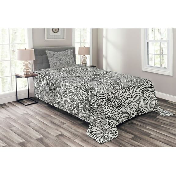 Ambesonne Oriental Quilted Bedspread Set 2 Pcs, Monochorme Pattern, Twin Size, White and Black