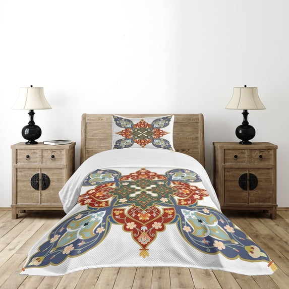 Ambesonne Oriental Quilted Bedspread Set 2 Pcs, Turkish Ottoman, Twin Size, Cadet Blue Turquoise