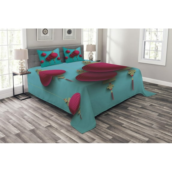 Ambesonne Oriental Quilted Bedspread Set 3 Pcs, Autumn Festival Pattern, King Size, Dark Coral and Sky Blue