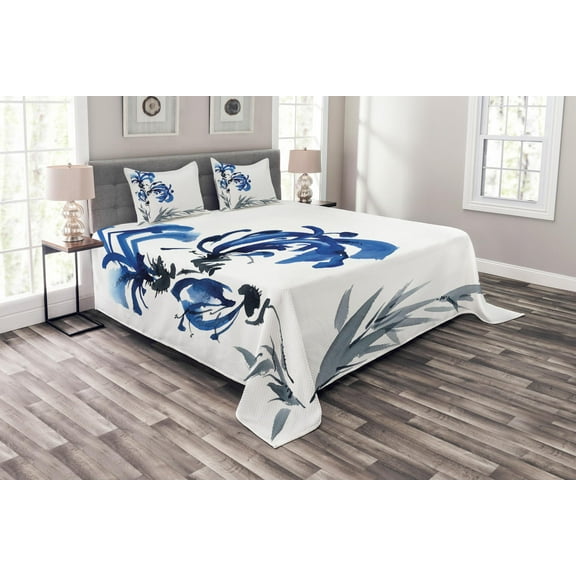 Ambesonne Oriental Quilted Bedspread Set 3 Pcs, Brushstroke Work of Art, King Size, Blue Grey
