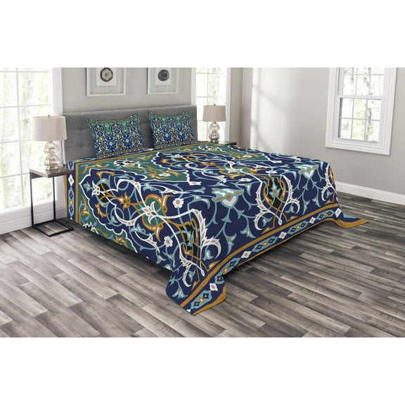 Ambesonne Oriental Quilted Bedspread Set 3 Pcs, Hippie Tribals, Queen Size, Blue Mustard