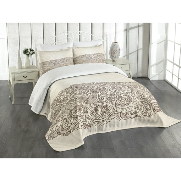 Ambesonne Oriental Quilted Bedspread Set 3 Pcs, Mandala Paisley Pattern, King Size, Brown Tan