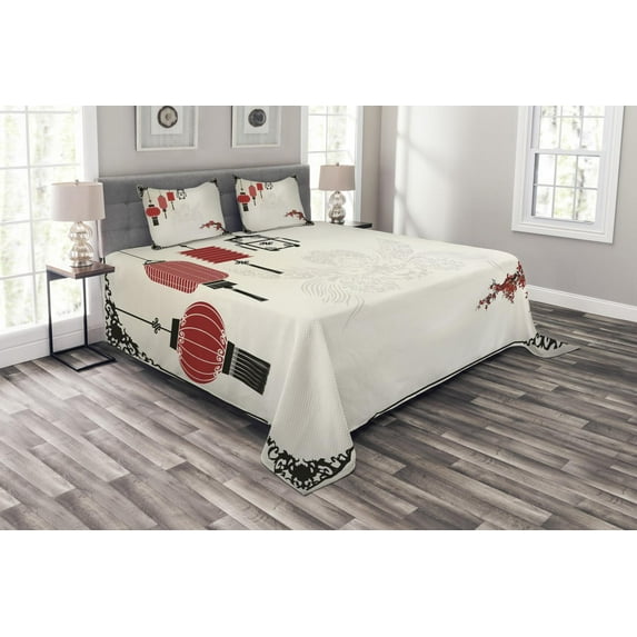 Ambesonne Oriental Quilted Bedspread Set 3 Pcs, Minimalist New Year Art, Queen Size, White Black Red