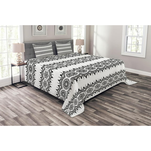 Ambesonne Oriental Quilted Bedspread Set 3 Pcs, Monochrome Mandala Tattoo, King Size, White Black