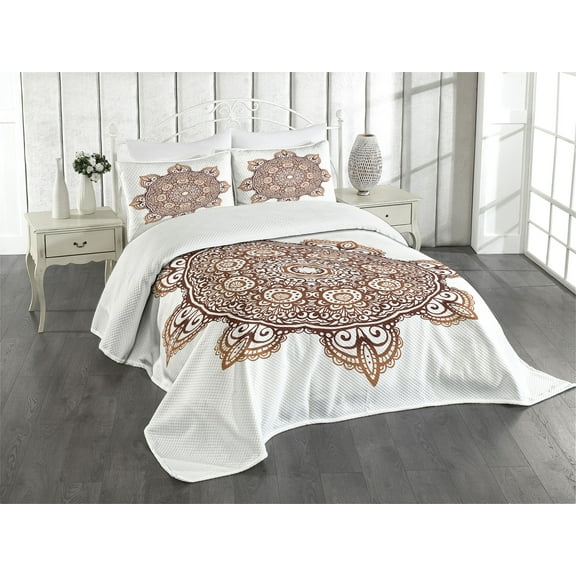 Ambesonne Oriental Quilted Bedspread Set 3 Pcs, Motif Folk, King Size, Orange Brown