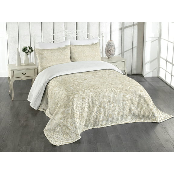 Ambesonne Oriental Quilted Bedspread Set 3 Pcs, Nature Inspired Art Motif, King Size, White and Tan