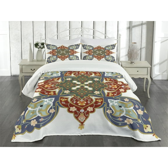 Ambesonne Oriental Quilted Bedspread Set 3 Pcs, Turkish Ottoman, Queen Size, Cadet Blue Turquoise