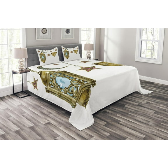 Ambesonne Oriental Quilted Bedspread Set 3 Pcs, Watercolor Moon Stars Art, Queen Size, Marigold Pink Blue